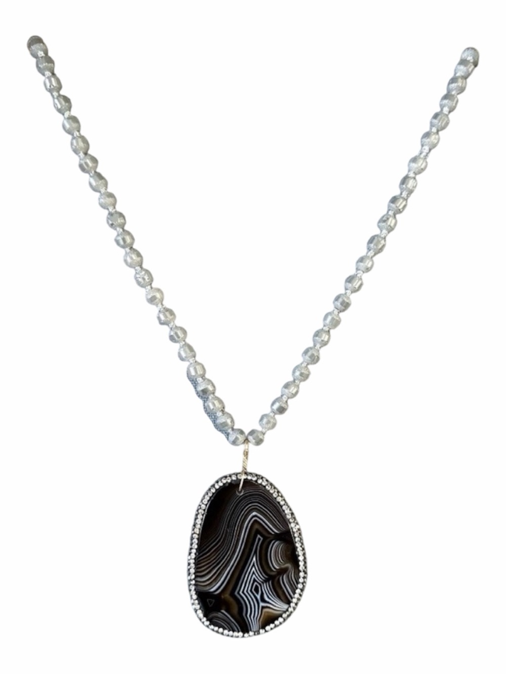 Black Banded Agate Pendant Necklace with Silver Bead Chain